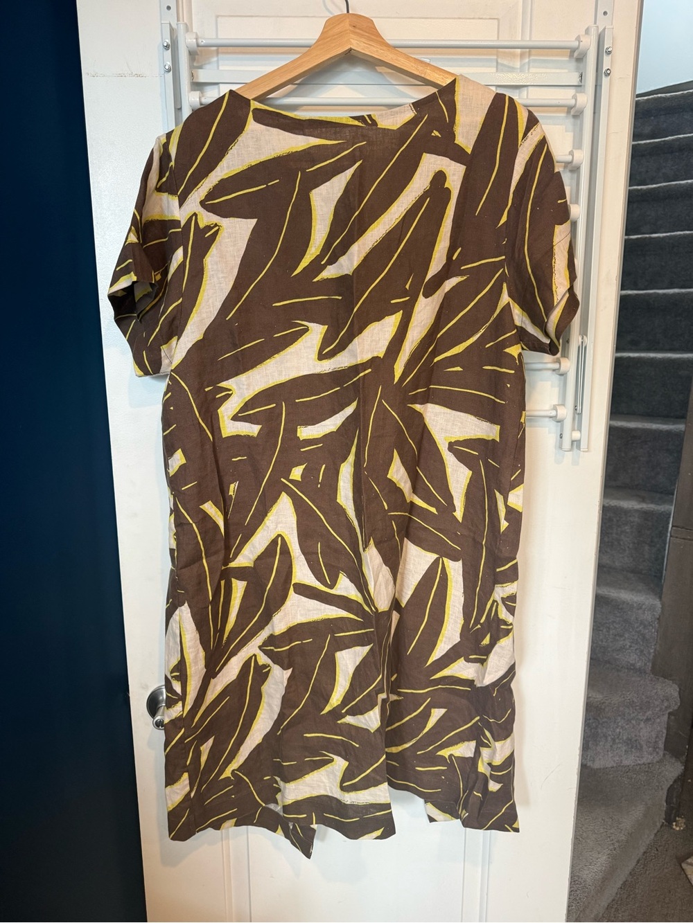Anthropologie WHIT TWO Brown and Yellow Leaf-Print Linen Midi Dress